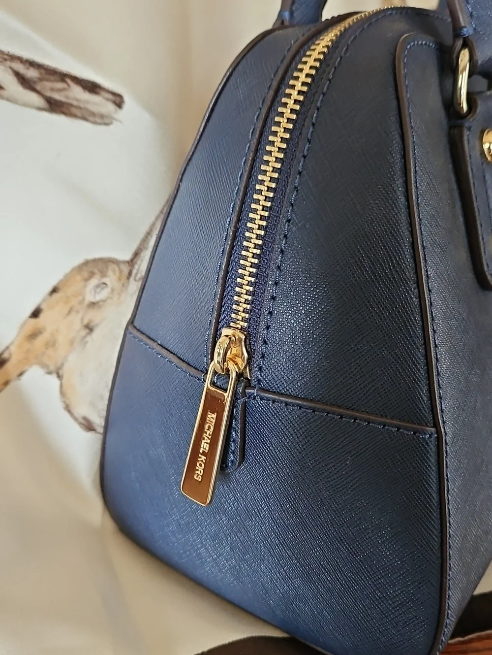 MICHAEL KORS Navy Saffiano Leather Satchel/Crossbody Bag with Gold Hardware